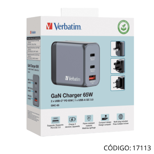 Cargador Verbatin GAN 65W Cels & Laptops